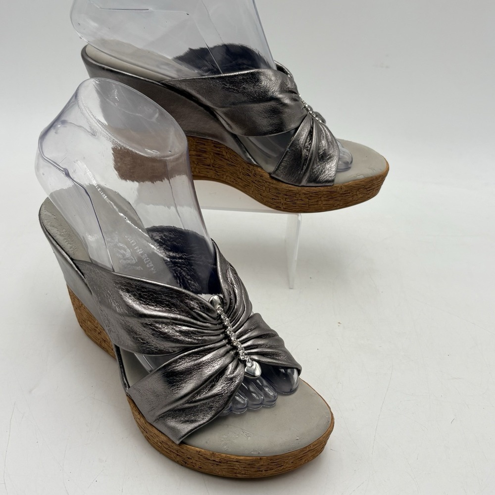Onex Sandals Womens 7 Pewter Leather Wedge Slide Rhinestone USA Comfort